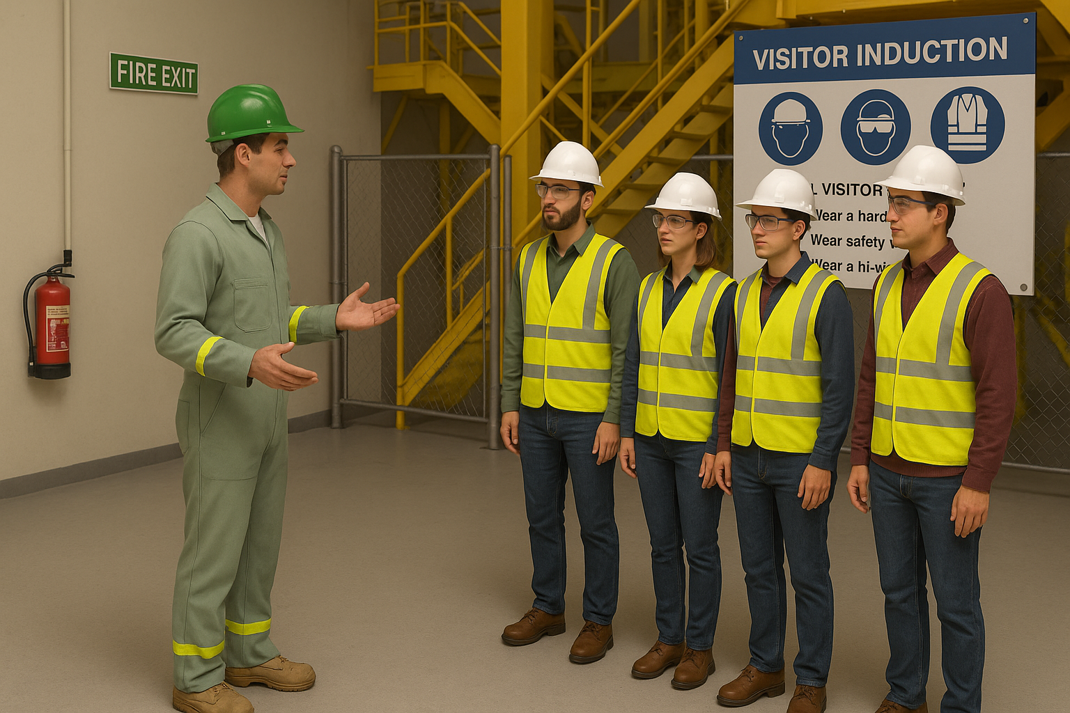 A 3D-rendered image of a supervisor conducting safety induction for visitors in a factory environment. 3D Animation Services