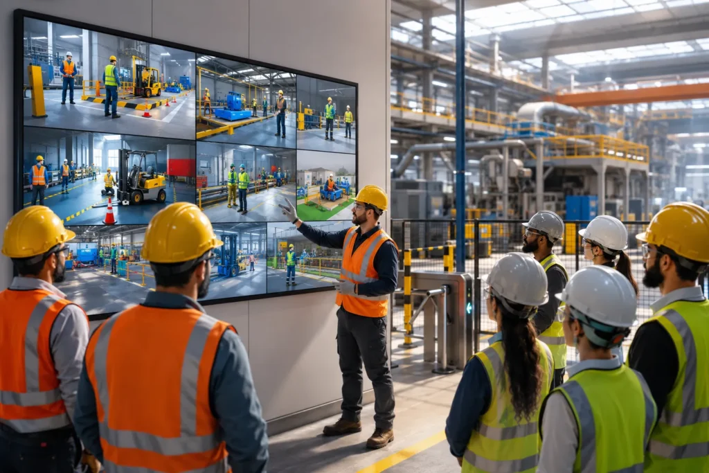 Safety induction videos for employees, contractors, and visitors by Sanskriti Infotech for workplace safety training.